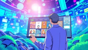 뉴토끼 웹툰 플랫폼을 탐색하는 사용자와 다양한 장르의 배경을 보여주는 이미지