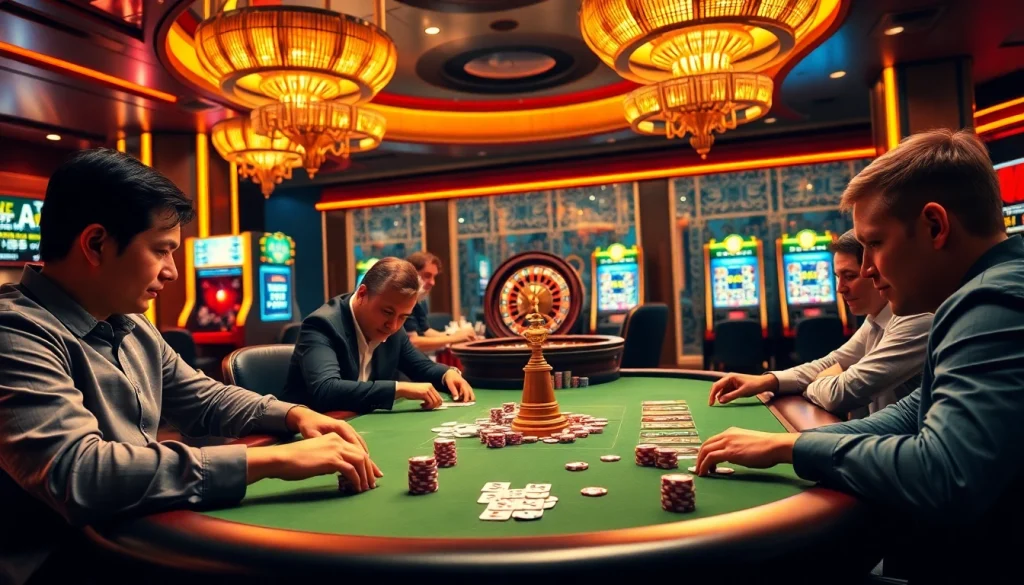 Engaging atmosphere at trang chủ i9bet, showcasing players at a luxurious poker table.