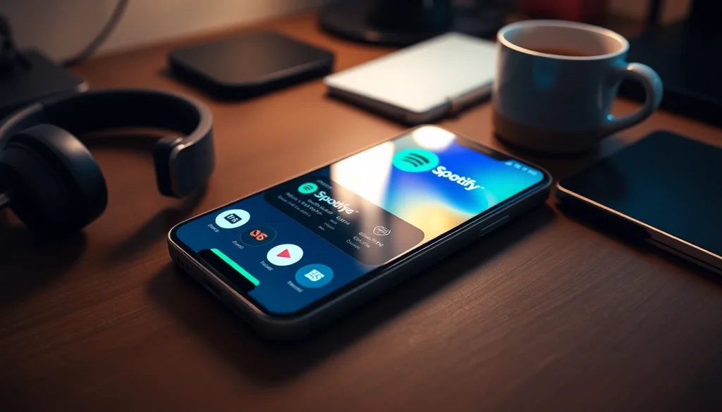 Spotify mod apk displayed on a smartphone in a modern workspace.