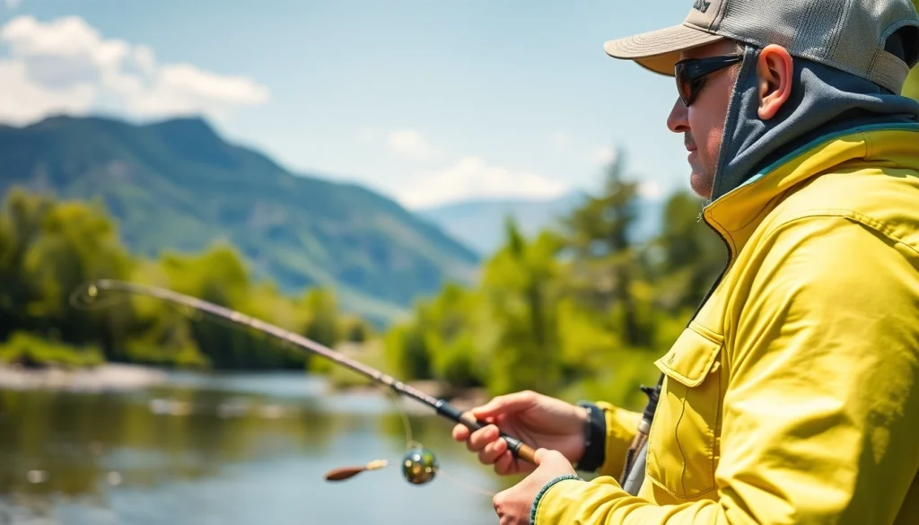 Showcasing fly fishing apparel in a natural setting with vibrant colors and an angler casting.