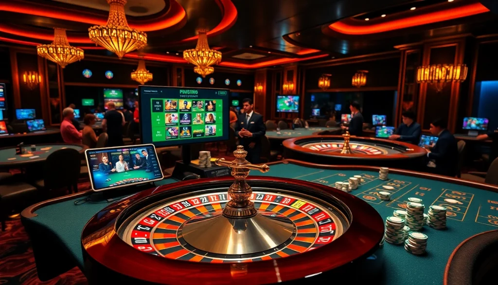 Engage in thrilling רמי אונליין gameplay at a luxurious casino with roulette and poker chips.