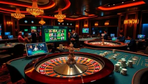 Engage in thrilling רמי אונליין gameplay at a luxurious casino with roulette and poker chips.