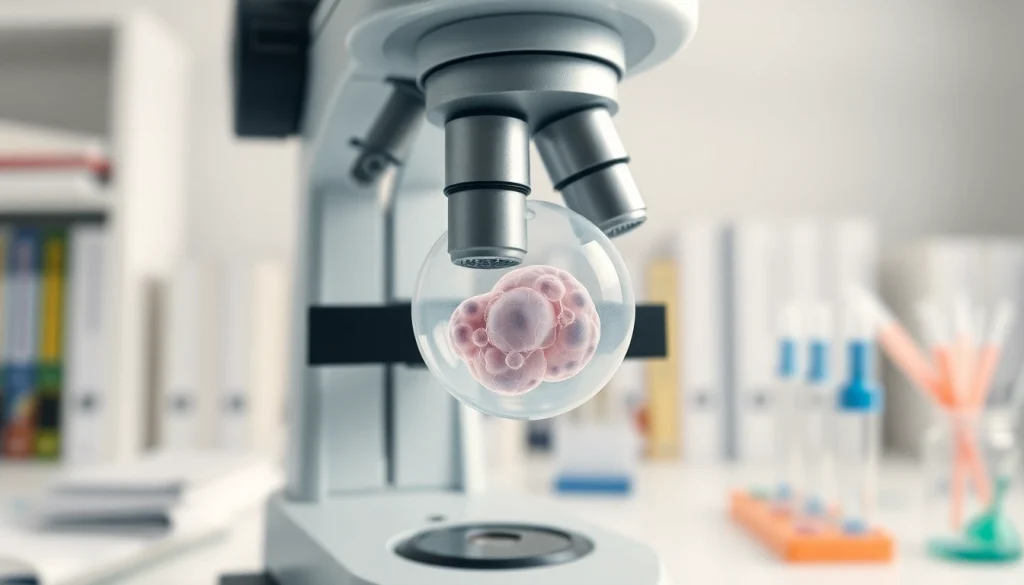 Osservazione della blastocisti al microscopio, meticolosi dettagli cellulari evidenziati.