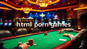 Experience the excitement of html porn games at a luxurious poker table in a casino environment.