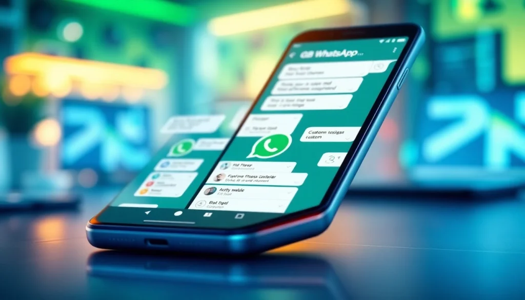 GB WhatsApp app showcased on a modern smartphone in a vibrant workspace.