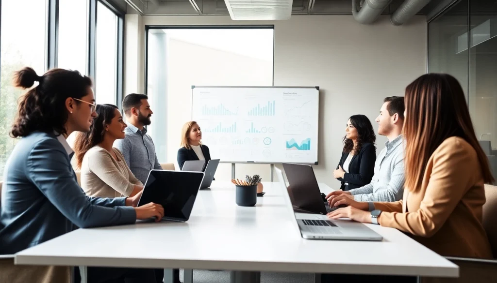 Visual representation of business growth insights through collaborative team discussions in a bright office.