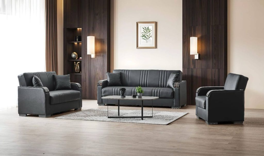 Black-faux-leather-sofa-bed-set