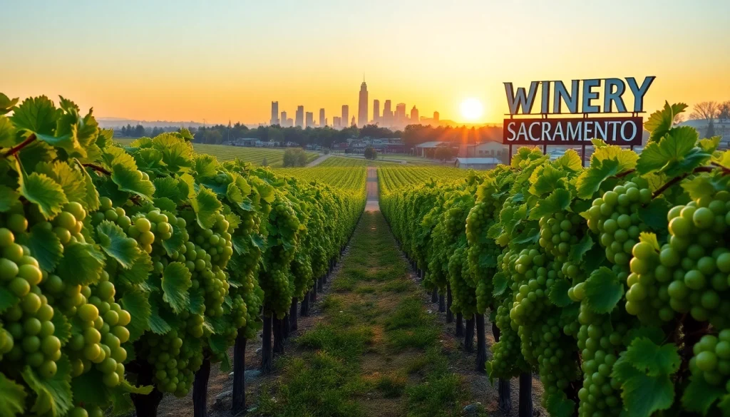 Experience the beauty of Winery Sacramento with lush vineyards and a stunning sunset backdrop.
