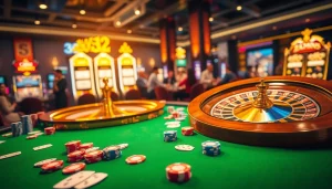 Experience the thrill of casino games at 32 WIN with vibrant tables and glowing slot machines.