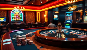 A lively casino scene showcasing the excitement of 'seven 77' with vibrant gaming tables and players in action.