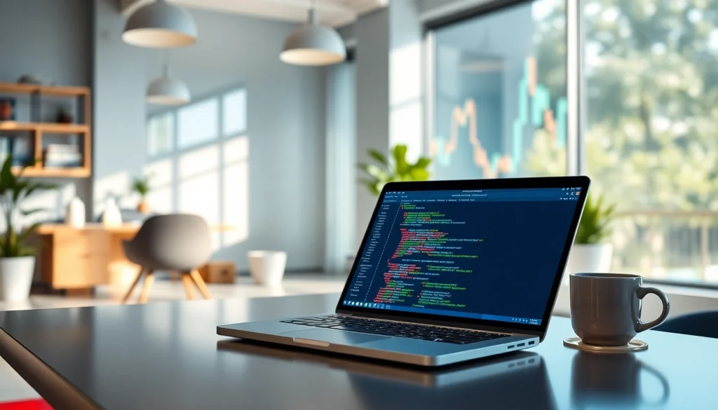 Web scrapping technology in a modern workspace with coding and financial charts.