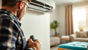 Technician performing heating repair lewisboro in a sunny living room environment.