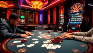 Man88 poker enthusiasts enjoying a thrilling game with vibrant casino elements.