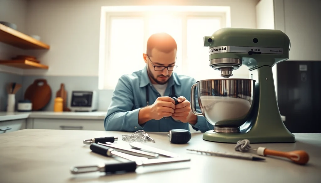 Kitchenaid appliance repair ottawa technician skillfully restoring a KitchenAid mixer in a bright kitchen.