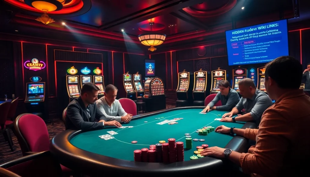 Engaging casino scene showing hidden wiki links amidst vibrant poker action and flashing slot machines.