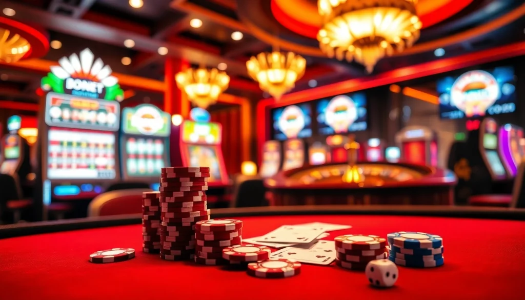 Engaging casino scene showcasing link alternatif sbobet betting with poker chips, cards, and vibrant roulette wheels.