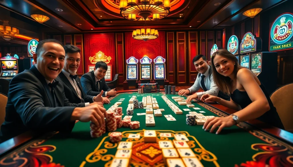 Engage with Mahjong Ways 2 slots at a vibrant casino table surrounded by players.