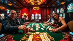 Engage with Mahjong Ways 2 slots at a vibrant casino table surrounded by players.