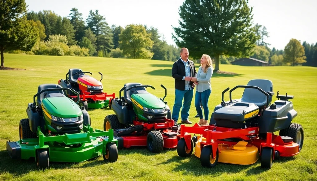 Explore various zero turn mowers for sale in a vibrant outdoor showroom setting.