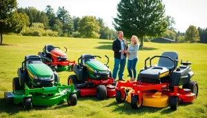 Explore various zero turn mowers for sale in a vibrant outdoor showroom setting.