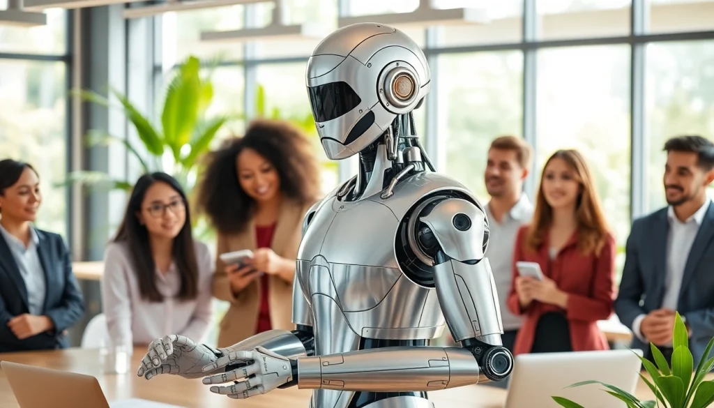 Illustration of an AI Employee collaborating with a diverse team in a contemporary office environment.