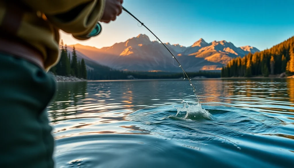 Fly fishing combo in action as an expert casts over a mountain lake at sunrise