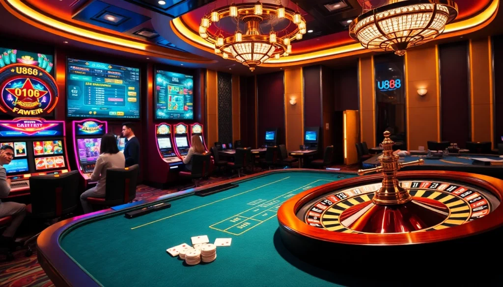 Experience high-stakes gaming at U888 with vibrant casino visuals showing players at various tables.