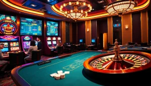 Experience high-stakes gaming at U888 with vibrant casino visuals showing players at various tables.