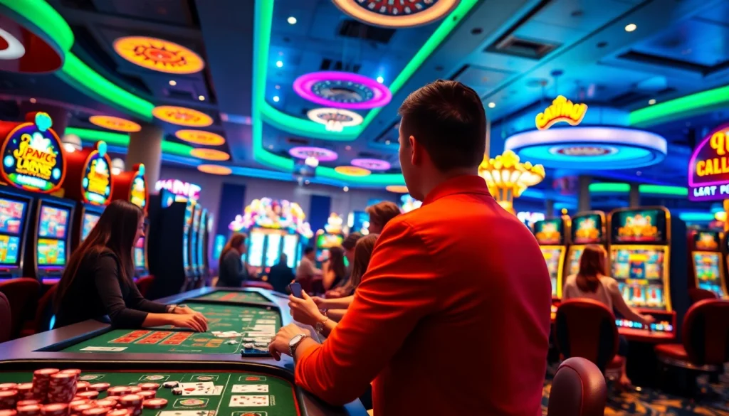Engage with exciting cs2 gambling sites in a lively casino setting filled with bright lights and gaming action.