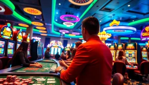 Engage with exciting cs2 gambling sites in a lively casino setting filled with bright lights and gaming action.