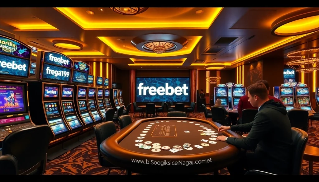 Exciting casino scene with players enjoying games and freebet Naga169 promotions on digital screens.