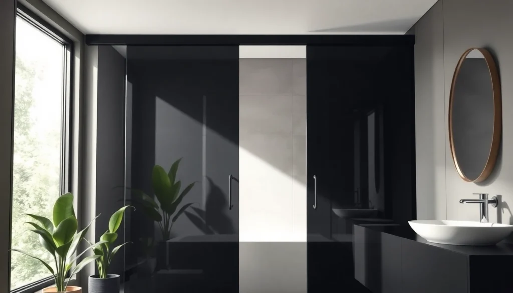 Enhance your bathroom with a modern black shower sliding door featuring sleek lines and elegant finishing.