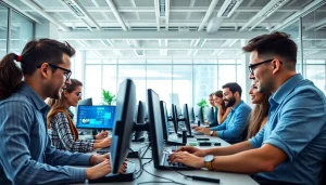 Collaborate on projects with AI Software development tools in a bright tech office.