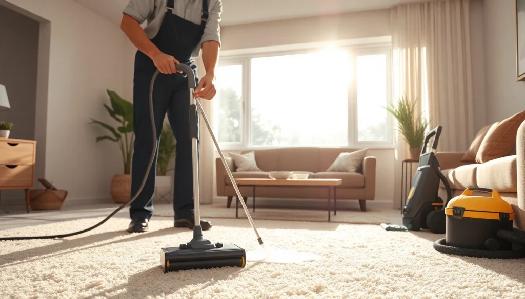 Carpet cleaners roseville ca technician cleaning a plush carpet in a sunny living room.
