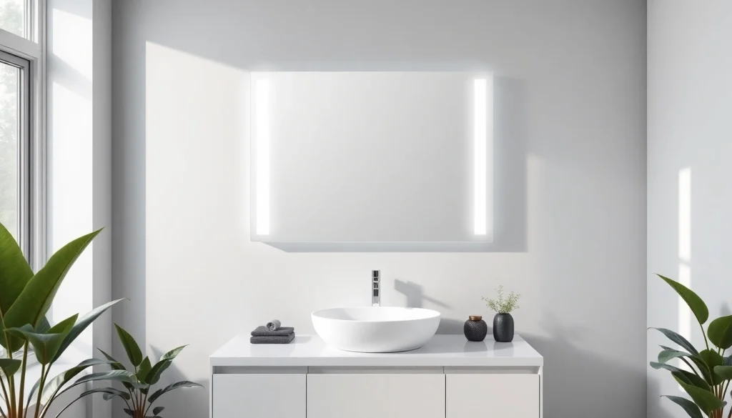 Stylish bathroom mirror with led light illuminating a modern bathroom vanity.
