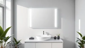 Stylish bathroom mirror with led light illuminating a modern bathroom vanity.