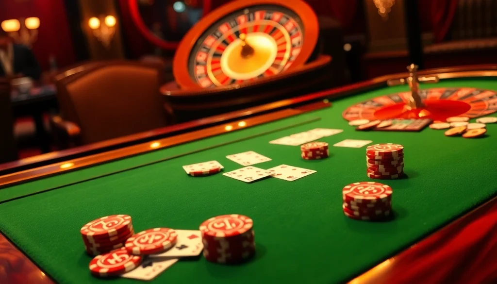 Experience the thrill of רמי אונליין at a luxurious casino poker table surrounded by vibrant casino elements.