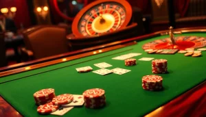 Experience the thrill of רמי אונליין at a luxurious casino poker table surrounded by vibrant casino elements.