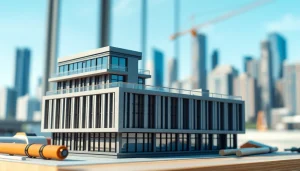 Architekturmodellbau Köln mit detailliertem Gebäudemodell und urbanem Hintergrund.