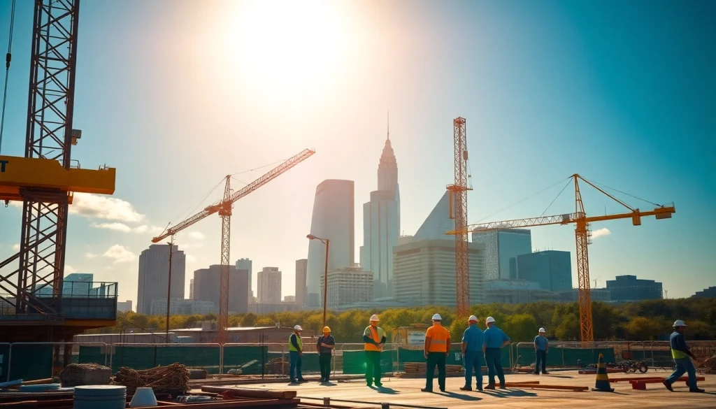 Workers collaborate at an Austin construction site, showcasing teamwork and progress.