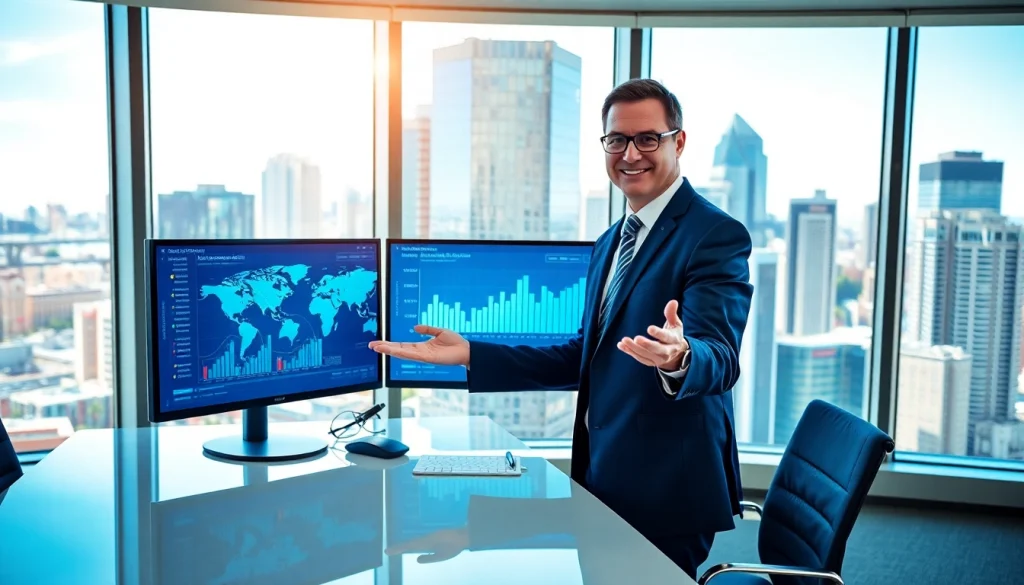 Engaging financial analyst showcasing global wealth scope data in a contemporary office setting.