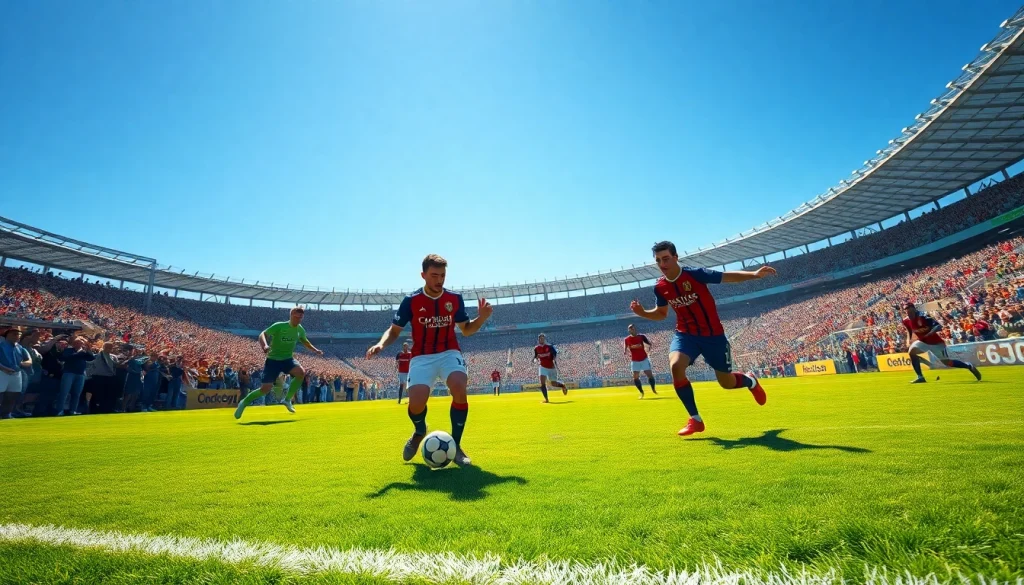 مشهد مباراة كرة قدم مباشرة على Kora Live مع لاعبين في الملعب وجمهور يصفق ويهتف