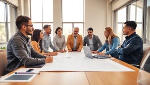 Builders discussing plans for the Texas association of builders in a bright conference room.