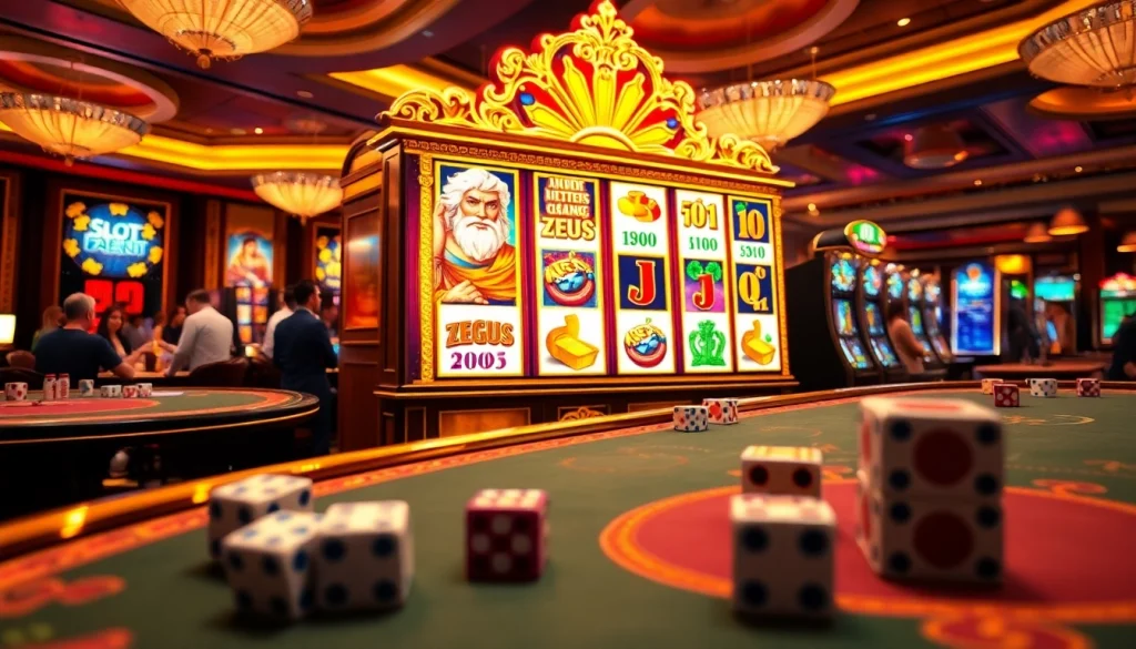 Nikmati permainan yang mendebarkan pada mesin slot Zeus, dikelilingi chip berwarna-warni dan suasana kasino yang hidup.