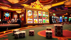 Nikmati permainan yang mendebarkan pada mesin slot Zeus, dikelilingi chip berwarna-warni dan suasana kasino yang hidup.