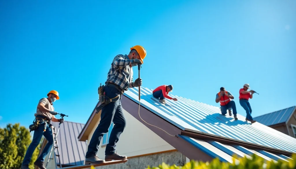 Metal roofing companies installing metal panels on a residential roof under bright sunlight.