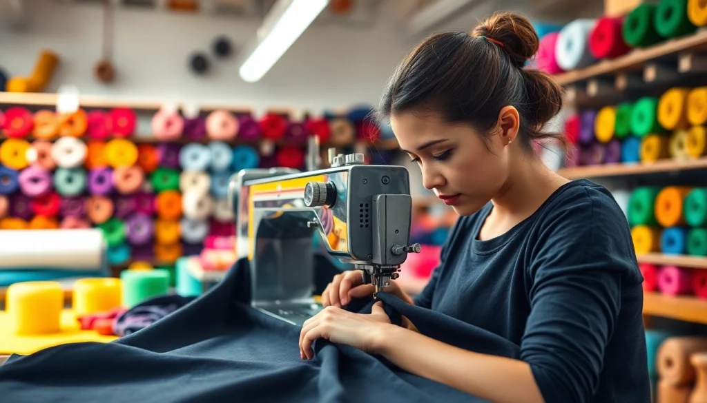 Sewing spandex stof in a vibrant textile workshop, showcasing smooth fabric textures.