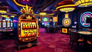 Spin the reels at the idn slot 777 machine, surrounded by excitement in a luxurious casino setting.