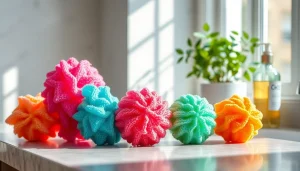 Showcase of the best silicone loofah in a serene spa setting with vibrant colors and textures.
