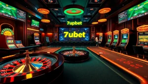 A dynamic casino scene showcasing 7upbet with poker tables, roulette, and thrilling players in action.